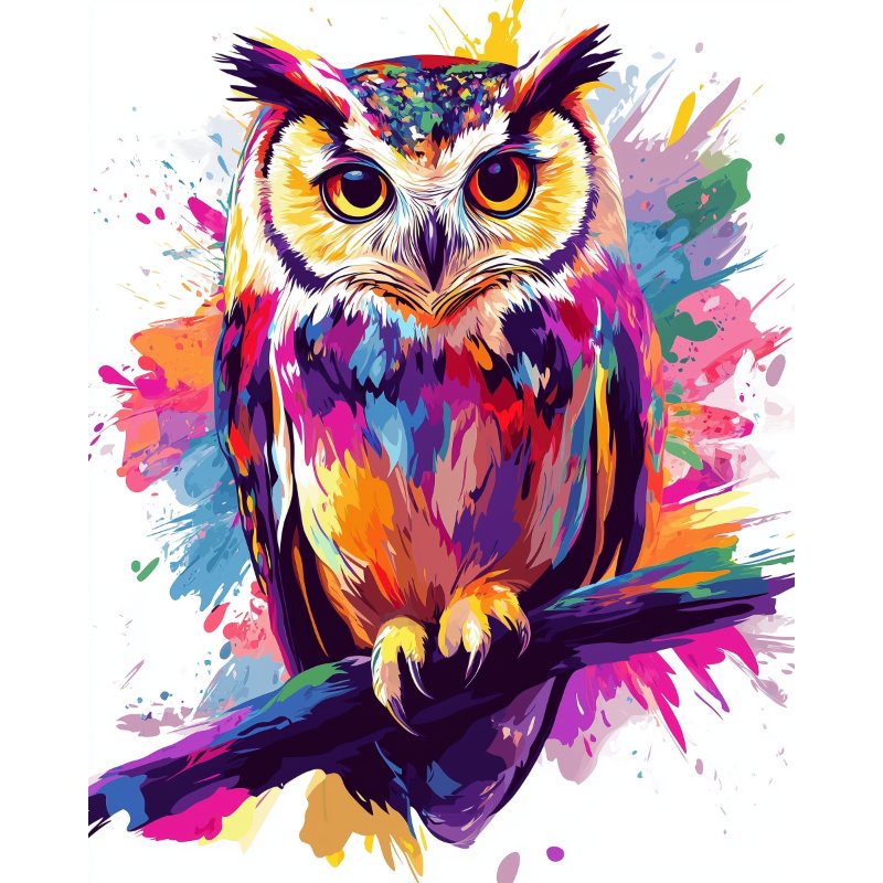 Whimsical Owl in Colorful Splash - Paint by Numbers Kit