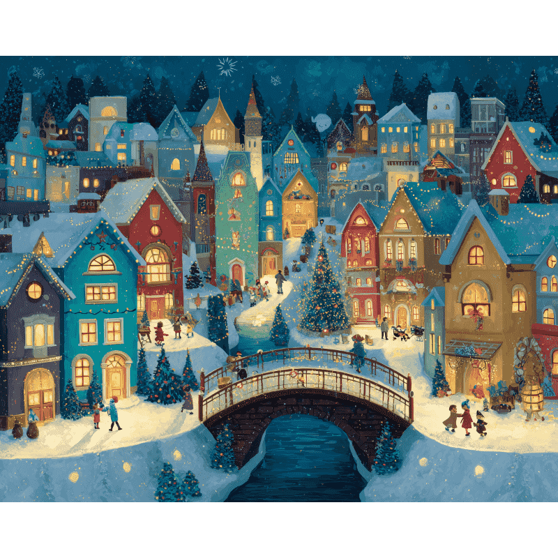 Charming Winter Village Scene - Paint by Numbers Kit