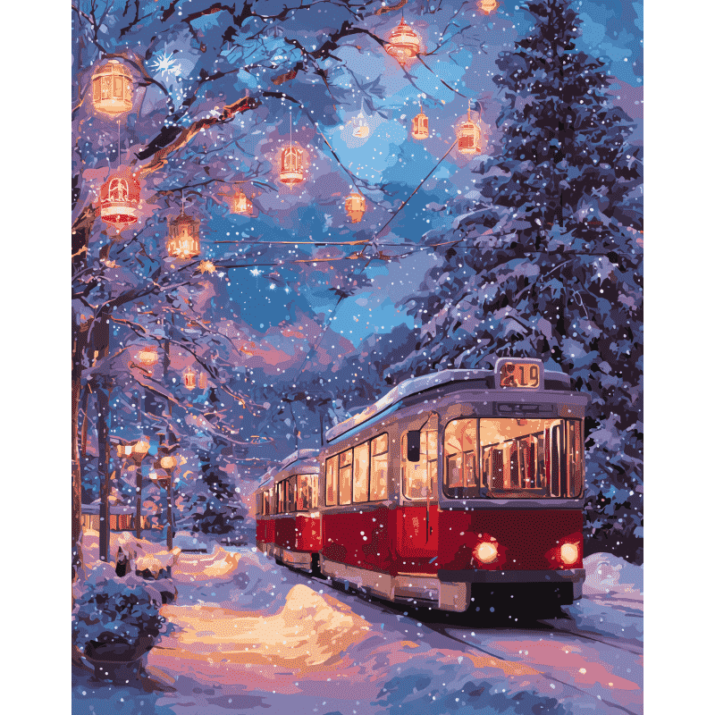 Winter Tram Through Lights - Paint by Numbers Kit