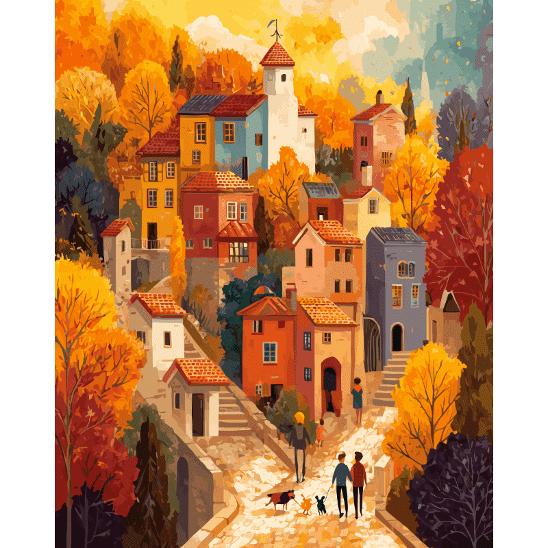 Charming Autumn Village Scene - Paint by Numbers Kit