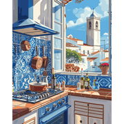 Blue Haven: Mediterranean Kitchen Scene - Paint by Numbers Kit