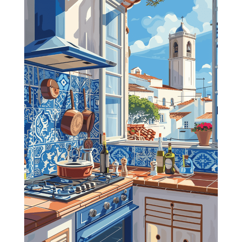 Blue Haven: Mediterranean Kitchen Scene - Paint by Numbers Kit