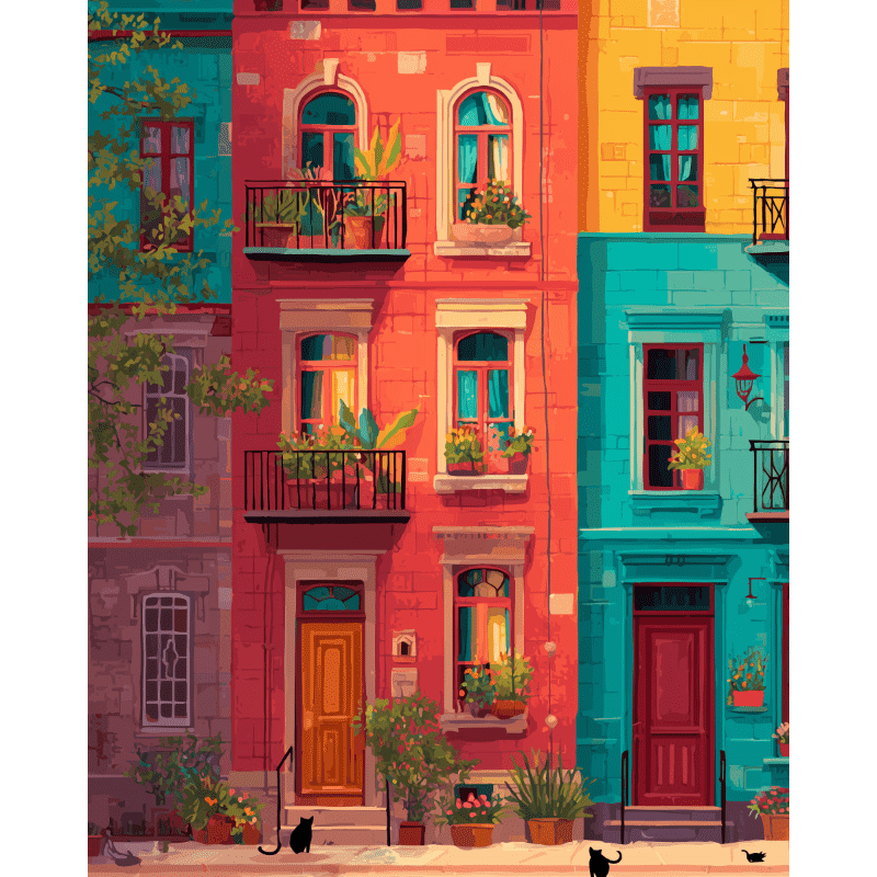 Colorful Facades & Midnight Cats | Paint by Number - Paint by Numbers Kit