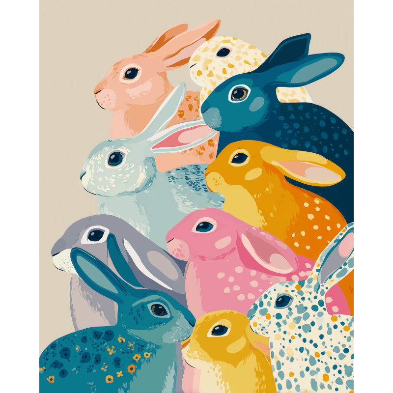 Playful Rabbits in Color - Paint by Numbers Kit