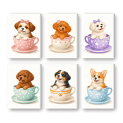 6 Mini Paintings - Whimsical Puppies in Cups - Paint by Numbers Kit
