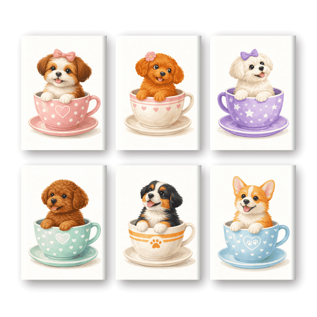 6 Mini Paintings - Whimsical Puppies in Cups - Paint by Numbers Kit