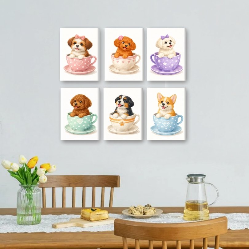 6 Mini Paintings - Whimsical Puppies in Cups - Detail 2
