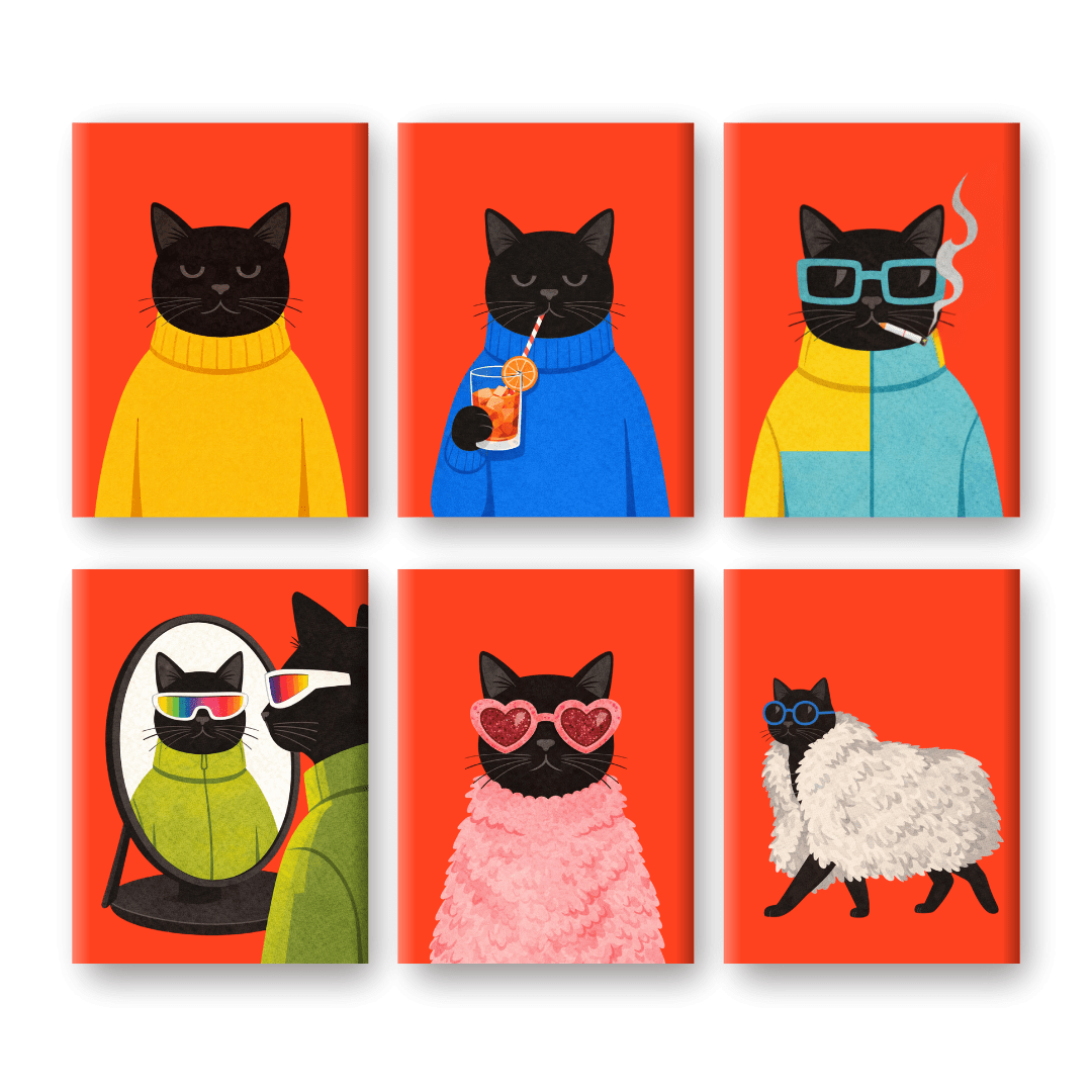 6 Mini Paintings - Elegant Black Cats - Paint by Numbers Kit