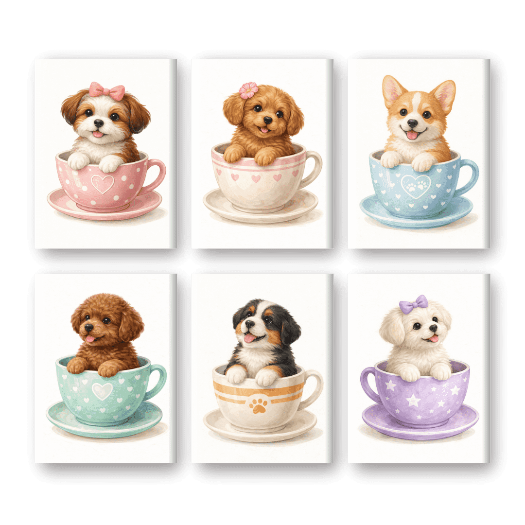 6 Mini Paintings - Playful Puppies in Cups - Paint by Numbers Kit