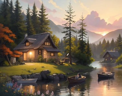Cozy Wooden Cabin Scene - Paint by Numbers Kit